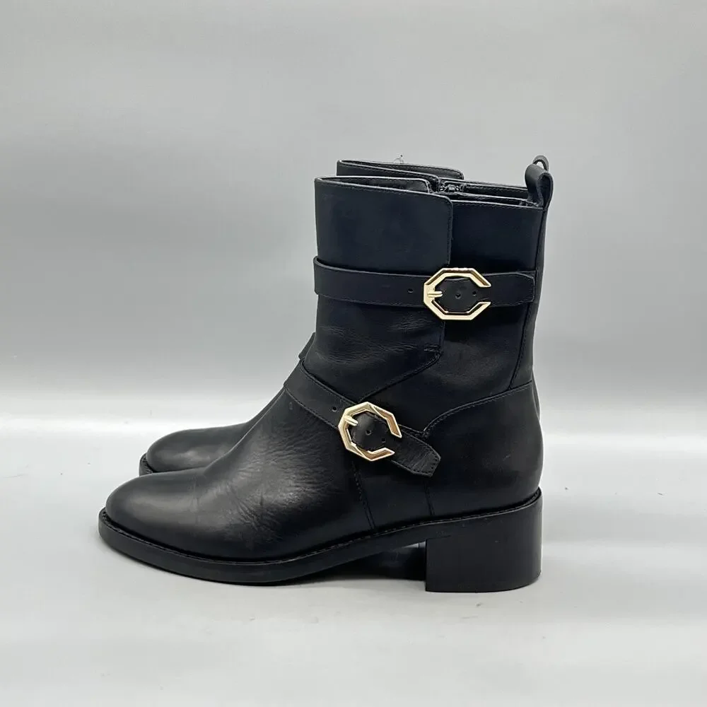 Cole Haan Boots Womens 6 Black Leather Ankle Biker Buckle Zip Block Heel Shoes